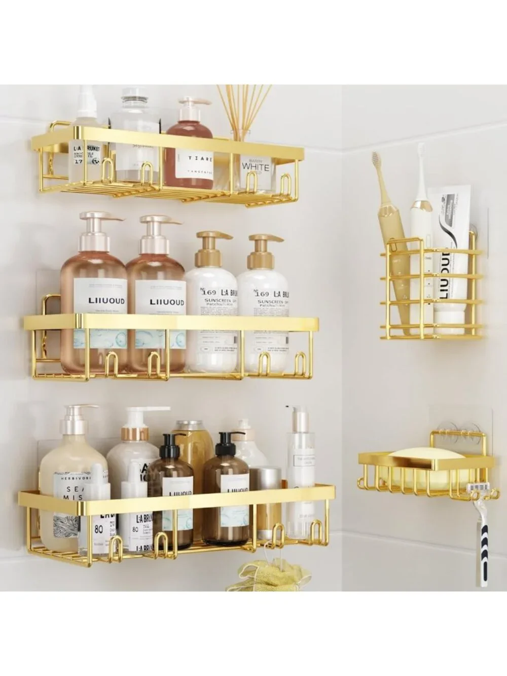 5 Pack Shower Caddy Set - Stylish Gold Bathroom Storage for Organized Showers